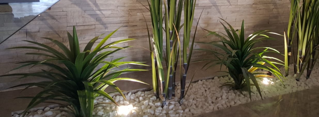 Uplights set among white pebbles lighting plants against a stone-clad wall